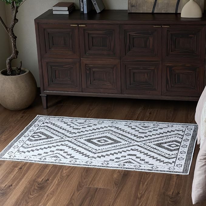 RAMEFILD Moroccan Washable Area Rug 3x5, Geometric Tribal Decorative Woven Rug, Non-Slip Boho Farmhouse Soft Low-Pile Area Rug for Living Room Bedroom Nursery Dining Table, Dark Brown/White