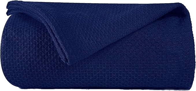 BOUTIQUO 100% Cotton Bed Blanket, Breathable Thermal Blanket Full -Queen Size,Soft Honeycomb Waffle Blanket 90*90inch,Cotton Bed Blanket,Perfect for Layering Any Bed for All Season,Navy Blue 70475