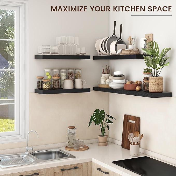 Floating Shelves for Wall, Engineered Wood Wall Shelves with Invisible Brackets for Living Room Bedroom Bathroom Office Kitchen Decor and Storage (Black, 36" W x 9" D x 1.5" H) Set of 2
