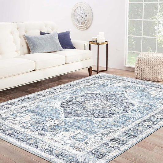 Domitapis Area Rug 6×9, Large Vintage Boho Rug,Ultra-Soft Low Pile, Washable, Non Slip,Stain Resistant, Printed Carpet for Living Room Bedrooms Playroom Office Kitchen, Light Blue