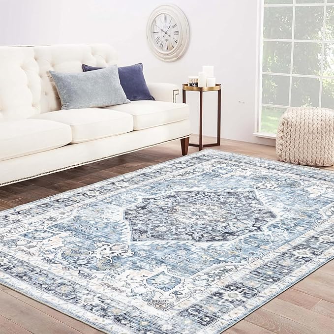 Domitapis Area Rug 8×10, Large Vintage Boho Rug,Ultra-Soft Low Pile, Washable, Non Slip,Stain Resistant, Printed Carpet for Living Room Bedrooms Playroom Office Kitchen, Light Blue