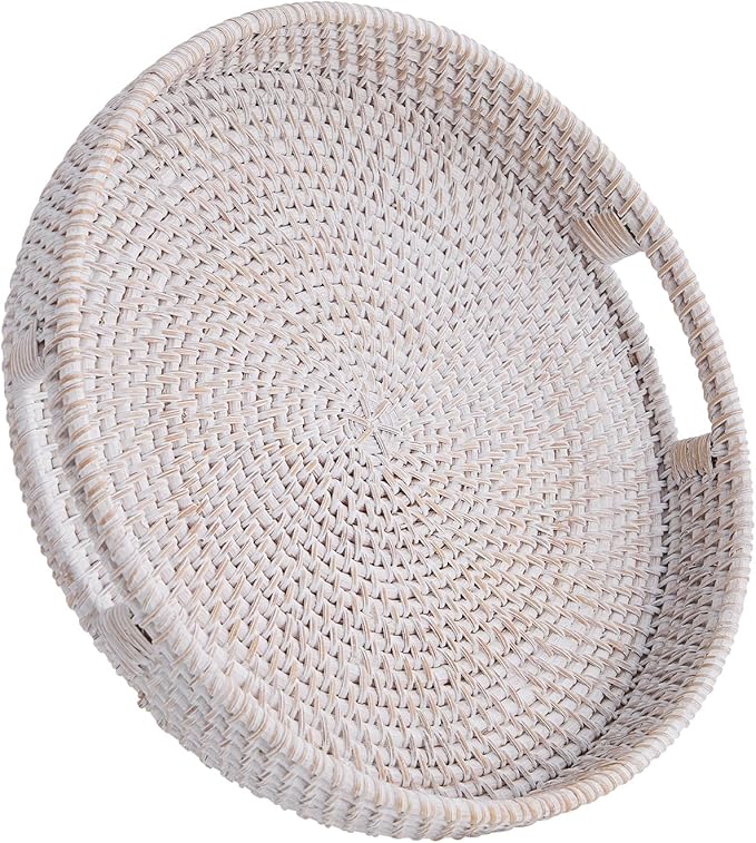 Round Rattan Serving Tray,Hand-Woven Tray with Handles, Ottoman Decorative Coffee Table Tray,Wicker Storage Basket for Tea,Fruit,Bread (Whitewash, 11.8")