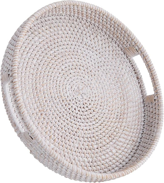 Round Rattan Serving Tray,Hand-Woven Tray with Handles, Ottoman Decorative Coffee Table Tray,Wicker Storage Basket for Tea,Fruit,Bread (Whitewash, 11.8")