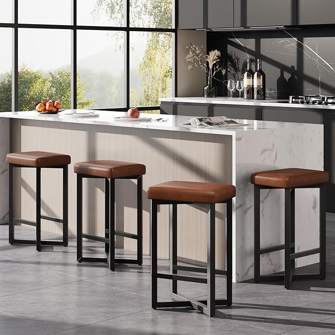 IDEALHOUSE Bar Stools Set of 4, 24.6" Counter Height Backless Barstools, Upholstered PU Leather Seats with Metal X-Frame & Footrest, Modern Kitchen Stools for Home Bar, Dining Room, Brown