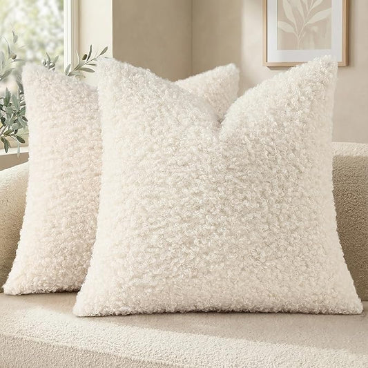 decorUhome Pack of 2 Throw Pillow Covers 18x18 Inch, Faux Fur Decorative Sherpa Pillow Covers Fuzzy Accent Soft Sheepskin Fleece Pillow Cases for Couch Living Room Bed, Neutral Cream