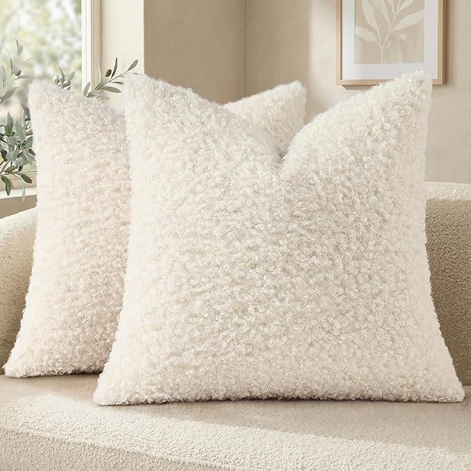 decorUhome Pack of 2 Throw Pillow Covers 24x24 Inch, Faux Fur Decorative Sherpa Pillow Covers Fuzzy Accent Soft Sheepskin Fleece Pillow Cases for Couch Living Room Bed, Neutral Cream