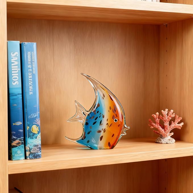 DOVDOV Hand-Blown Glass Fish Decorative Sculpture, Orange Ocean Glass Art Piece, Coastal-Themed Decor Suitable for bedrooms, Offices, Coffee Tables, and TV Stands, Marine Animal Sculpture Art.