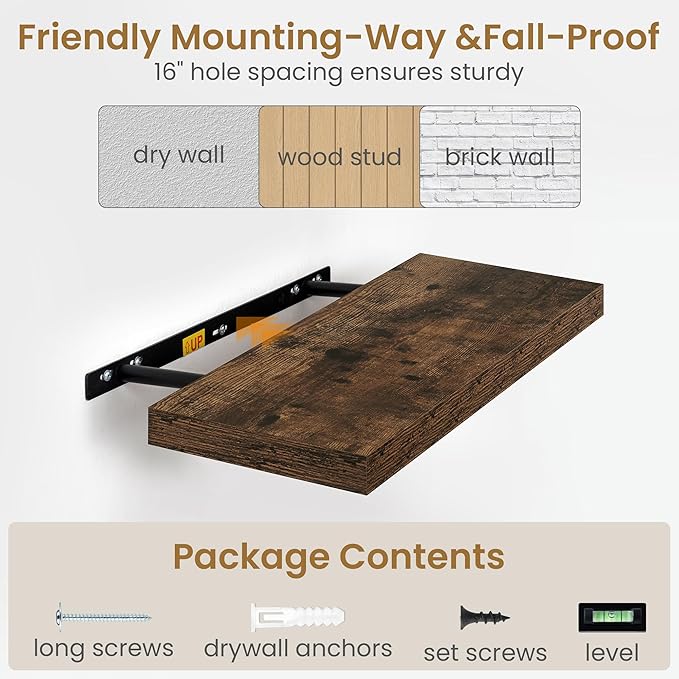 48"W x 9.3"D Floating Shelves for Wall, Wall Mounted Bathroom Shelves 1 Pack Deep Floating Shelf for Bedroom Kitchen Living Room, Rustic Wooden Wall Shelf with Invisible Bracket for Books Decor