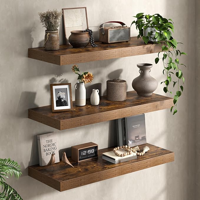 36Inch Floating Shelves for Wall, 12 Inch Deep Shelves for Bedroom, Kitchen, Bathroom Wall Mounted, Rustic Wood Floating Shelf with Invisible Brackets for Books, Storage, Decor, Rustic Brown, 2 Packs