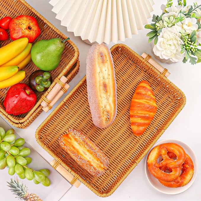 3 Pack 13.8 x 9.8 inch Rectangle Rattan Tray, Rectangle Woven Serving Basket with Handles, Storage Rattan Serving Trays for Home, Restaurant & Hotel Use, Durable & Easy-Cleaning