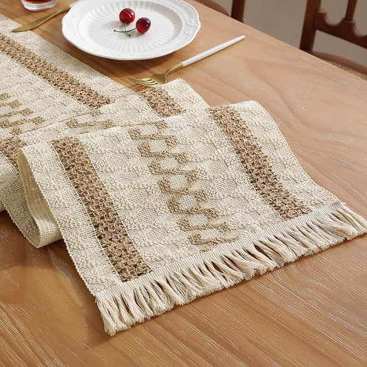 Niviy Boho Table Runner with Tassels 12 x 48 Inches Long, Cream & Brown Rustic Farmhouse Table Runner with Tassels for Home Kitchen Holiday Party and Wedding Decor Runner