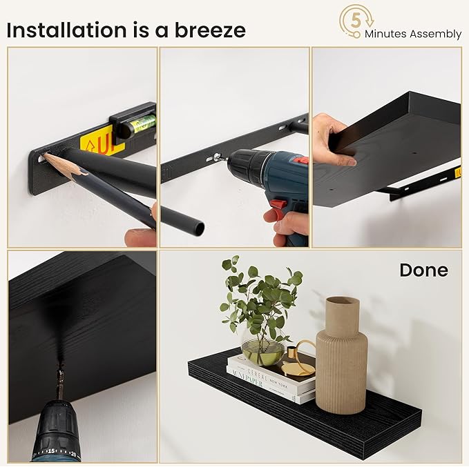 Fun Memories Floating Shelves for Wall, Rustic Wood Wall Mounted Shelves for Bathroom, Bedroom, Living Room & Kitchen, Storage Display Shelves, (Set of 2, Black, 32 in)