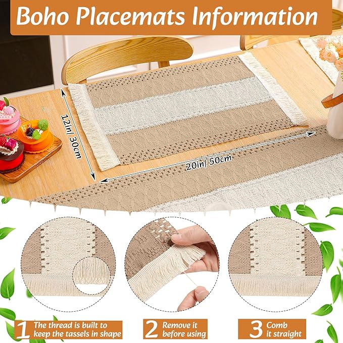 6 Sets Boho Placemats Round Woven Placemats, Cloth Napkins, Wood Bead Napkin Rings, Long Table Runner and Farmhouse Rustic Burlap Cotton for Kitchen Dining Table Home (Khaki B)