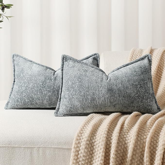 DEZENE Pack of 2 Dusty Blue Decorative Throw Pillow Covers 12x20 Cozy Soft Chenille Boho Accent Vintage Farmhouse Rectangular Lumbar Couch Pillow Covers for Home Decor Bed Sofa Living Room