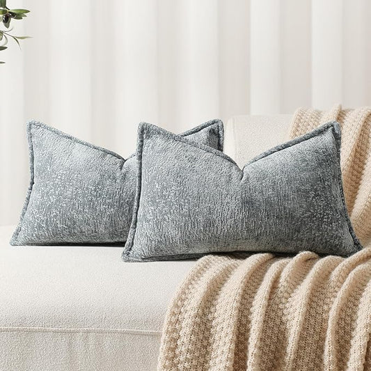 DEZENE Pack of 2 Dusty Blue Decorative Throw Pillow Covers 12x20 Cozy Soft Chenille Boho Accent Vintage Farmhouse Rectangular Lumbar Couch Pillow Covers for Home Decor Bed Sofa Living Room