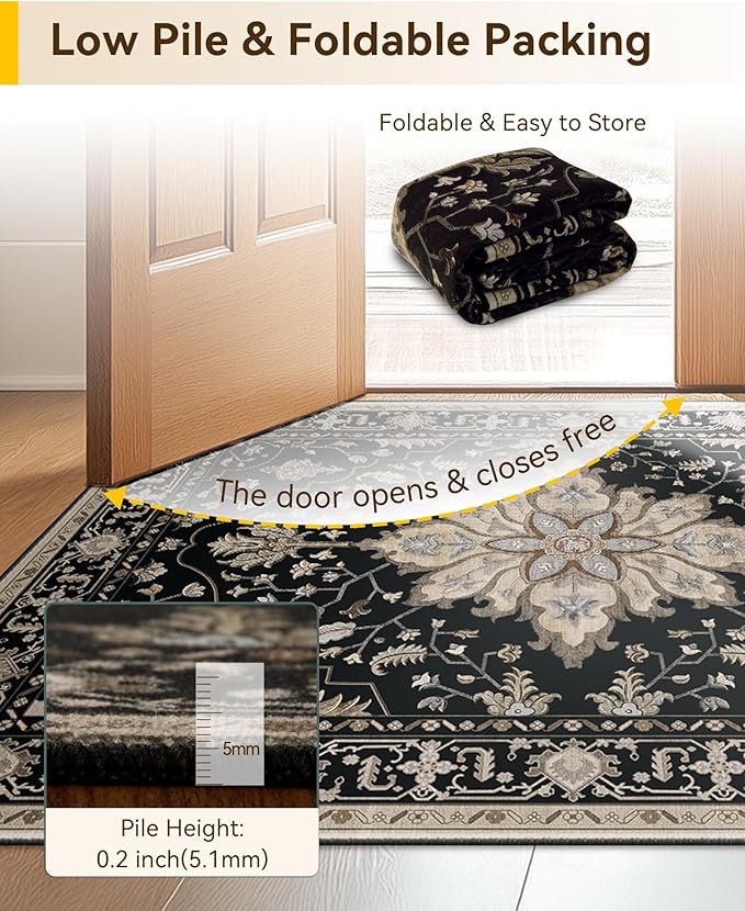 RELEANY Area Rugs 4'x5' Washable Non-Slip, Floral Vintage Distress Print Pattern Medallion Carpet for Living Room Bedroom Dining Room, Black Brown Neutral Dark Tan