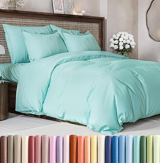 Duvet Cover Cal King Size Set - Extra Soft Cal King Size Duvet Cover 104 x 98 with 2 Pillow Shams - Hotel Luxury Easy Care and Fade Free w/Zipper Closures & Ties - Breathable Bedding Set (Spa Blue)