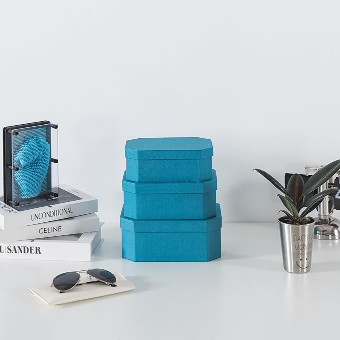 Soul & Lane Octagon Textured Decorative Storage Boxes in Blue, Set of 3 Nesting Durable Cardboard Memory Boxes for Keepsakes, Gifts, Organizing, and Home Decor