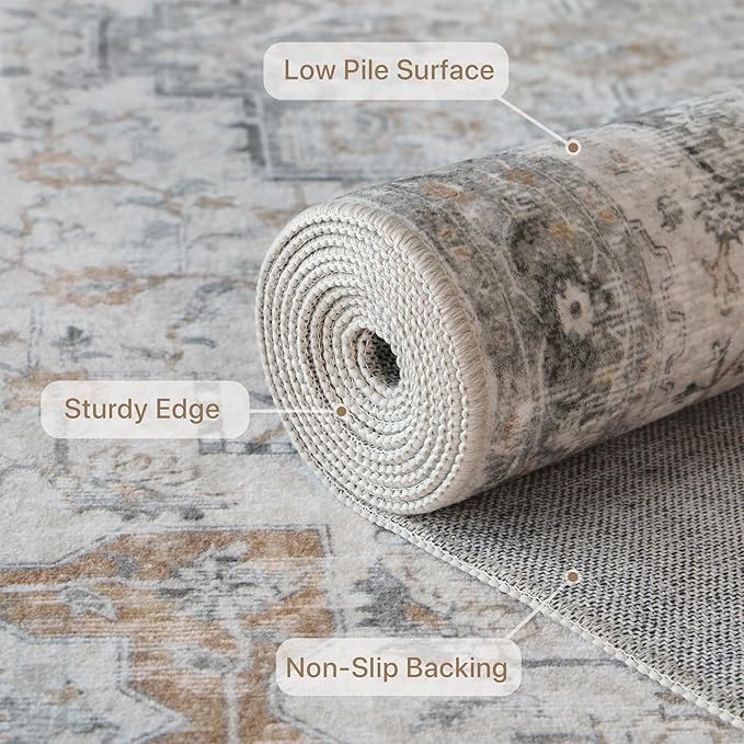 GENIMO Runner Rug 2'6"x5 Machine Washable Non Slip Vintage Hallway Runner Rug, Low Pile Lightweight Rugs for Indoor Entryway, Hallway, Kitchen and Corridor, Light Taupe Brown