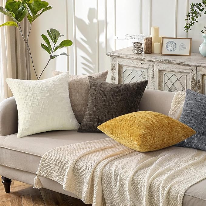 decorUhome Spring Oatmeal Chenille Throw Pillow Covers 20x20 Set of 2 Textured Slubby Couch Pillow Covers Farmhouse Accent Modern Neutral Decorative Pillow Cases for Bed Sofa Living Room