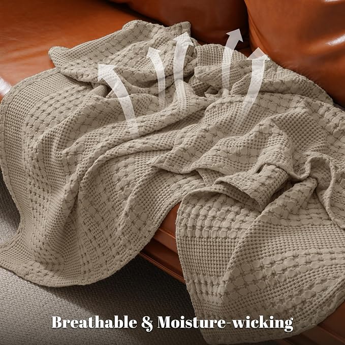 PHF 100% Cotton Waffle Weave Throw Blanket, Soft Lightweight Breathable Cozy Throws for Couch Bed Sofa, 300 GSM Luxury Aesthetic Blanket Gift for Home Decor & Office, 50"x60", Taupe