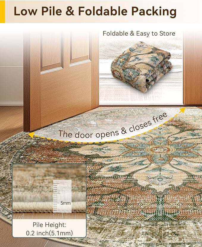 RELEANY Area Rugs 5ft Washable Non-Slip, Floral Vintage Distress Print Pattern Medallion Carpet for Living Room Bedroom Dining Room, Brick Red Rust Neutral Brown Burnt Orange