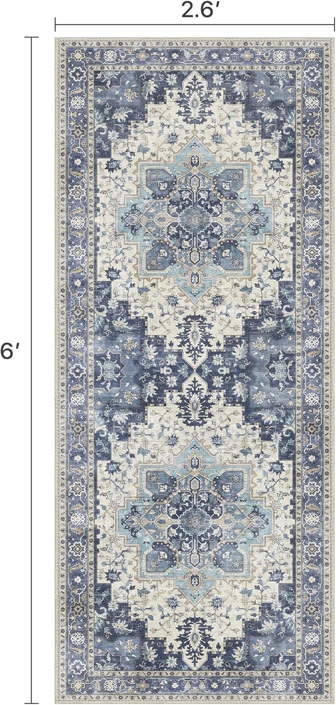 BESBLEE 2'6''x6 Runner Rugs for Hallway, Machine Washable Non Slip Vintage Rugs, Low Pile Lightweight Soft Print Rug for enrtyway, Corridor, Home Office, Kitchen, Center Blue