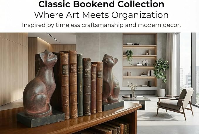 Comfy Hour 7" Resin Cat Bookends - Ancient for Shelves, Farmhouse Collection, Heavy Duty Vintage Decorative Book Stoppers, Home Office, Library, Living Room, Bronze Black Finish, 1 Pair