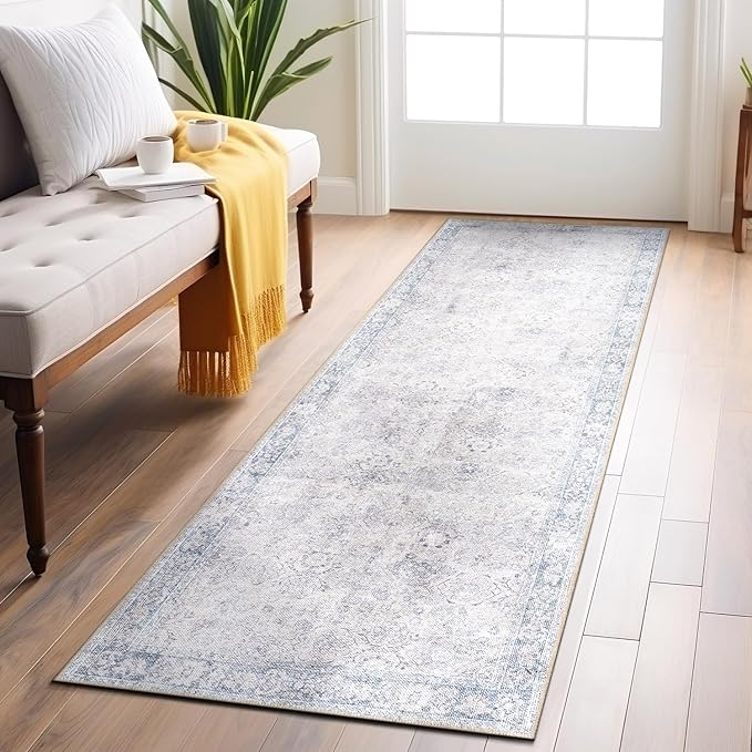 Rugshop Ocean/Blue Transitional Vintage Bordered Runner Rug — Machine Washable, 2'6"x10' for Hallway, Entryway and Kitchen