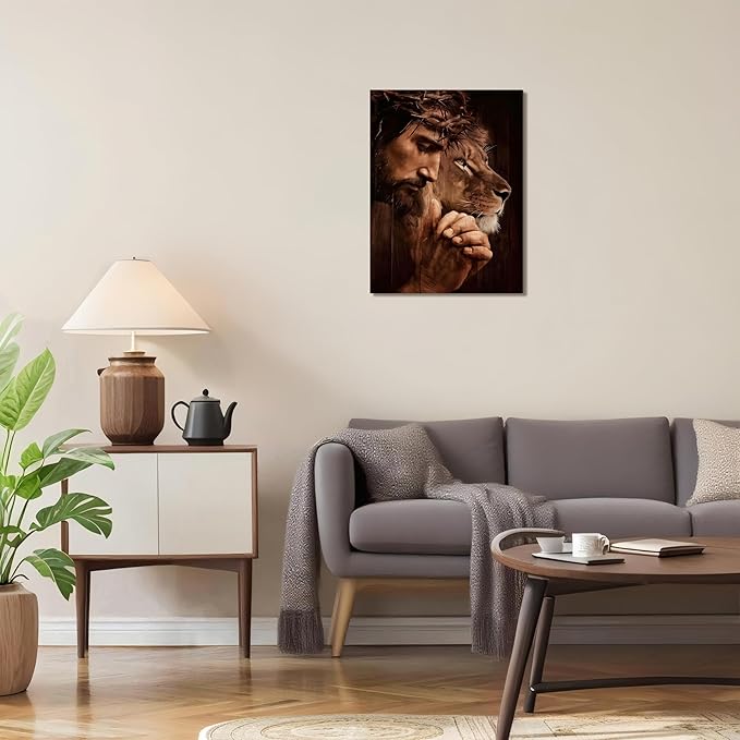 Framed Christian Jesus Canvas Wall Art, Lion of Judah Pictures Wall Decor, Biblical Paintings Prints Religious Home Decor for Living Room Bedroom Church Prayer Room 16x24 inch