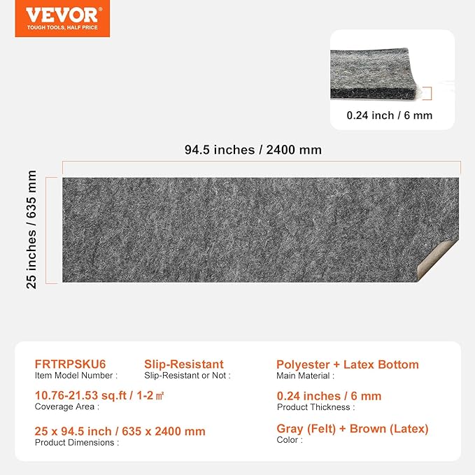 VEVOR 2' x 8' Non-Slip Rug Pad Gripper - 1/4" Thick Polyester Felt & Latex Backing Padding Cushion for Area Carpet Runner Hardwood Floors Living Room - Grey