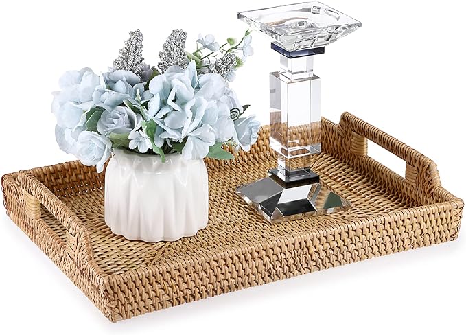 Hipiwe Rattan Serving Tray with Handles Hand-Woven Decorative Tray for Storage Breakfast, Drinks, Snack,Rectangular Basket Organizer Tray for Coffee Table, Home Decor (Large)