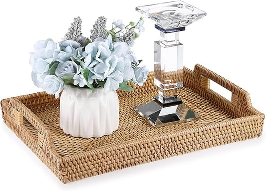 Hipiwe Rattan Serving Tray with Handles Hand-Woven Decorative Tray for Storage Breakfast, Drinks, Snack,Rectangular Basket Organizer Tray for Coffee Table, Home Decor (Large)