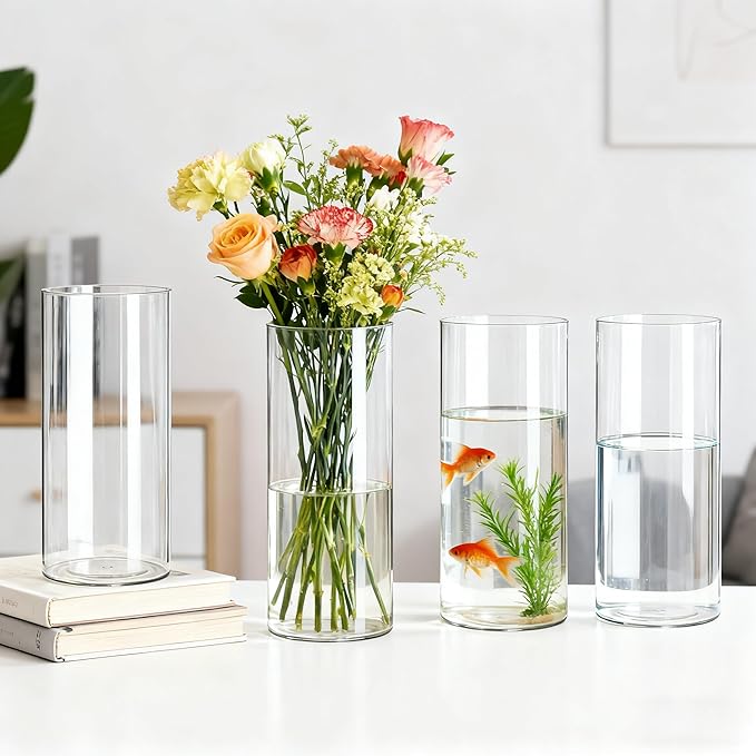 4 Pack Acrylic Cylinder Vases for Centerpieces,10 inch Tall Clear Flower Vases, Unbreakable Vases,Hurricane Candle Holders Floating Candle Vase for Wedding Dinner Table Party Living Room Decor