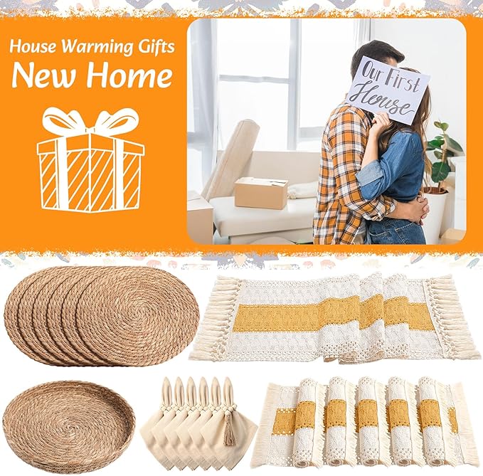 6 Sets Boho Placemats Round Woven Placemats, Cloth Napkins, Wood Bead Napkin Rings, Long Table Runner and Farmhouse Rustic Burlap Cotton for Kitchen Dining Table Home (Yellow)