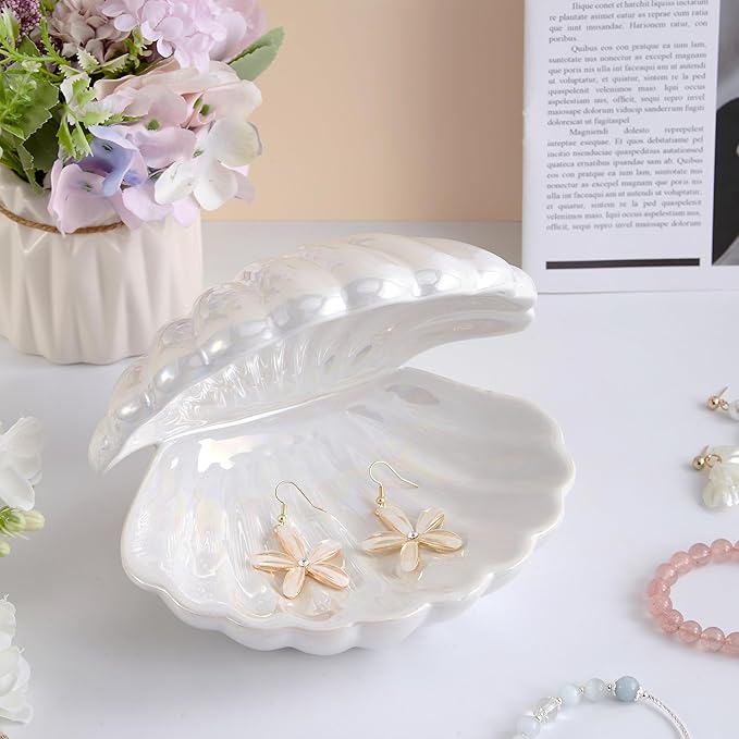 Denique Shell Jewelry Dish Tray, Ceramic Trinket Tray Clamshell Jewelry Storage Dish, Ring Holder Dish Key Bowl, Decorative Jewelry Plate, Cute Jewelry Organizer for Room Decor (White)