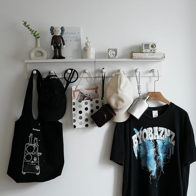 Entrance Coat Rack ，Coat Hooks, Wall-Mounted Wooden Hook Rack, Wall-Mounted Shelves are Very Suitable (White Color Finish—A-2)