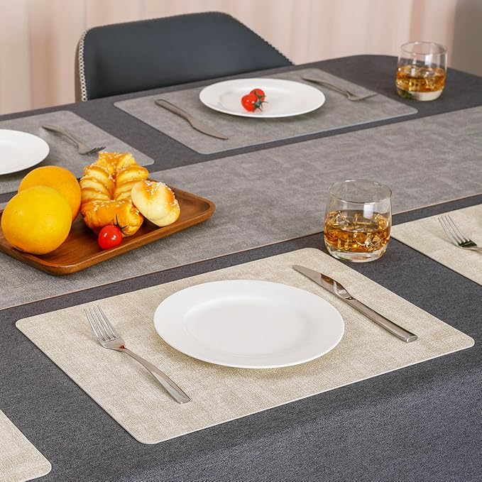 Myir JUN Reversible Vinyl Placemats Set of 4, Faux Leather Place Mats Dual Sided Waterproof Wipeable, Heat-Resistant Table Mats for Kitchen Dining Indoor Outdoor (12" x 17", Light Gray Cream-White)