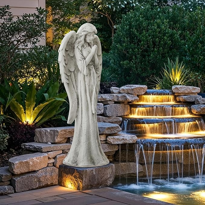 Praying Angel Statue for Outdoor Garden, 26.4 Inch Large Heavenly Memorial Sculpture,Durable MGO Stone Standing Angels for Yard, Patio or Cemetery Decor,Offering Comfort & Peace, Antique White