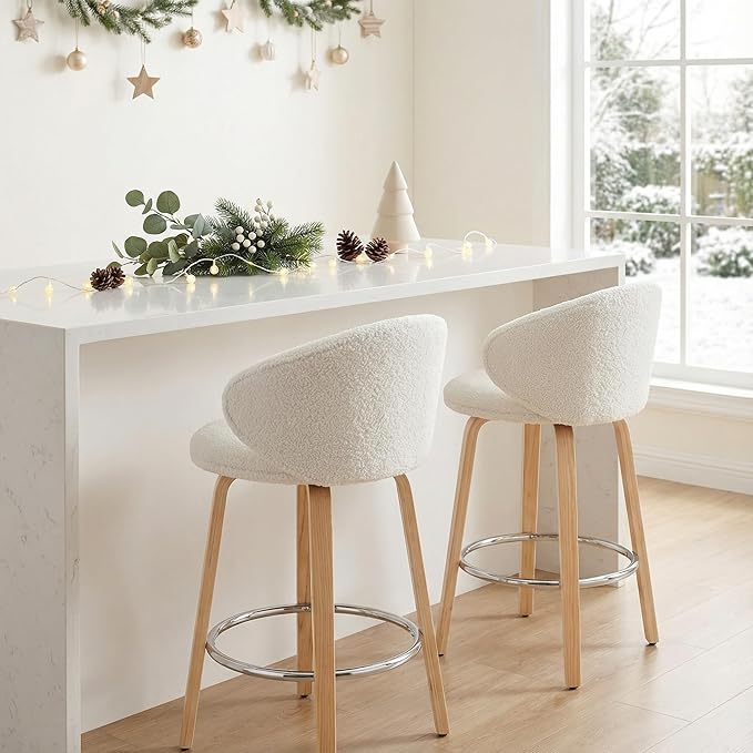 LukeAlon Modern Single Sherpa Counter Stool, Upholstered 26" Seat Height Low Bar Stools with Wood Legs Armless Counter Height Bar Chairs with Footrest for Kitchen Dining Room, Fur White