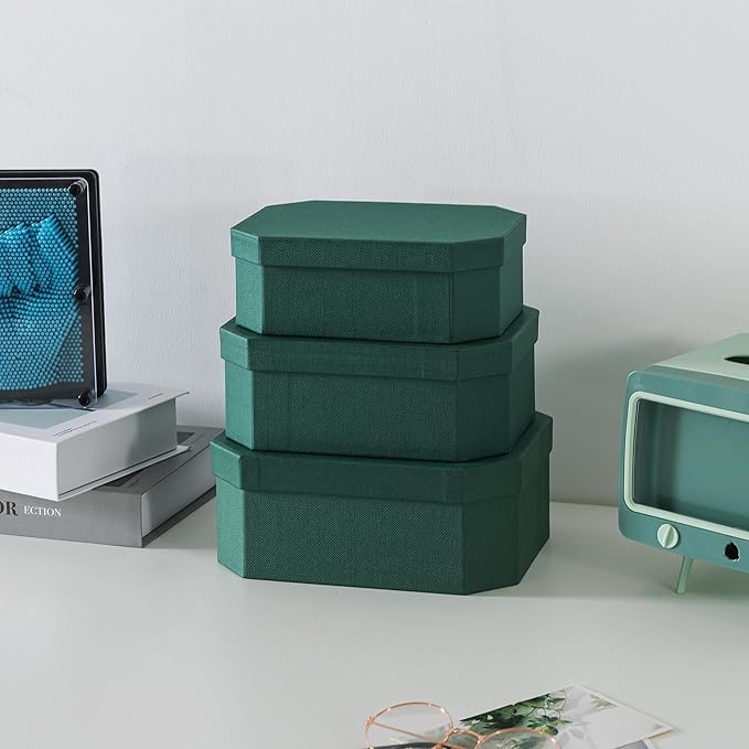 Soul & Lane Octagon Textured Decorative Boxes for Organizing, Set of 3 Nesting Cardboard Storage Containers for Gifts, Durable Memory Boxes for Keepsakes, Forest Green