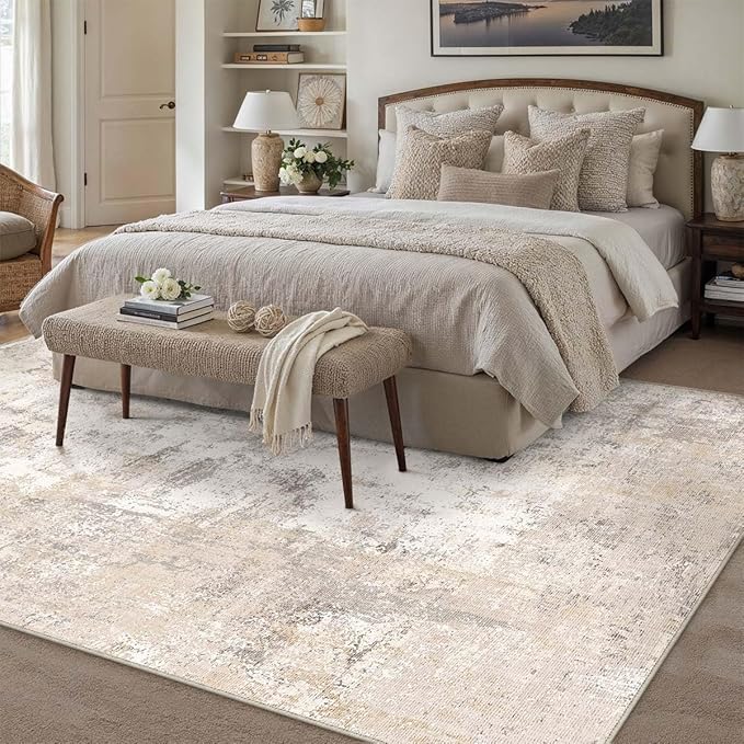 WondRg 5x7 Washable Area Rug Beige Grey Abstract Living Room Bedroom Throw Rug Neutral Modern Non Slip Soft Medium Pile Indoor Carpet for Dining Room Office Entryway