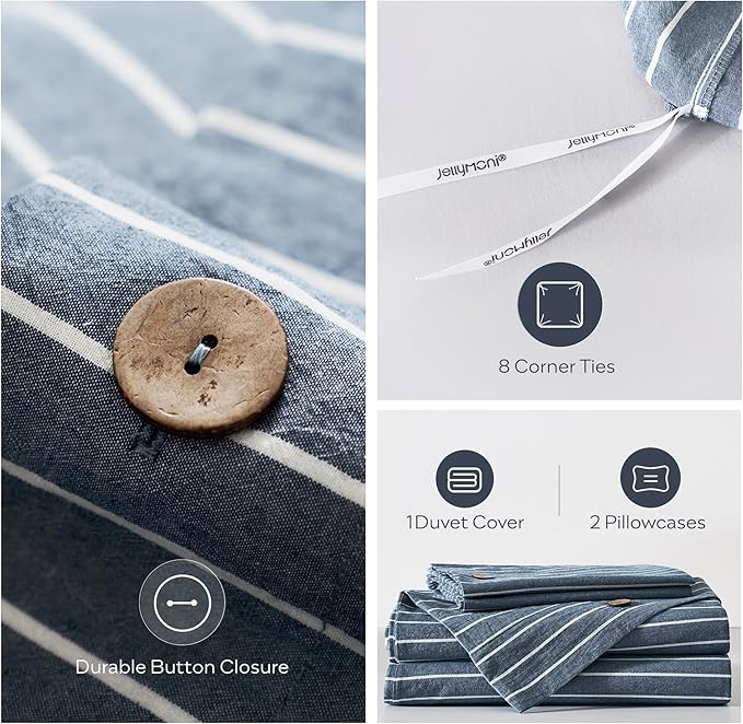 JELLYMONI Washed Cotton Duvet Cover Queen Size – Breathable & Cozy Bedding Set for Modern Homes, Dorms & Guest Rooms, Blue Striped Comforter Cover with Button Closure, 1 Duvet Cover & 2 Pillowcases
