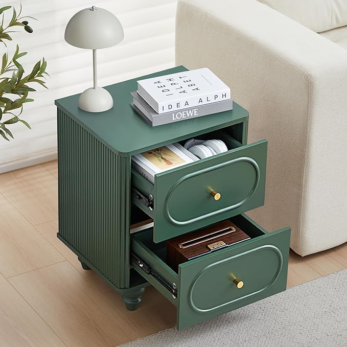 2 Drawer Fluted Nightstand, Mid Century Modern Farmhouse Night Stand Small End Table Bedside Table for Bedroom, Green