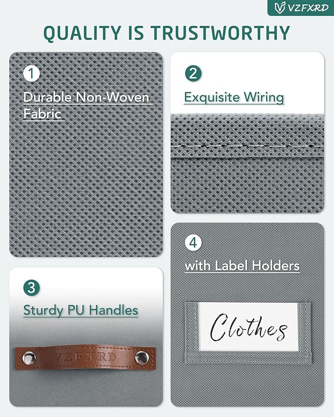 13 Inch Cube Storage Bin Fabric Basket with Handles and Labels, Cube Storage Organizer for Closet, Bedroom, Living Room (Gray,6 Pack)