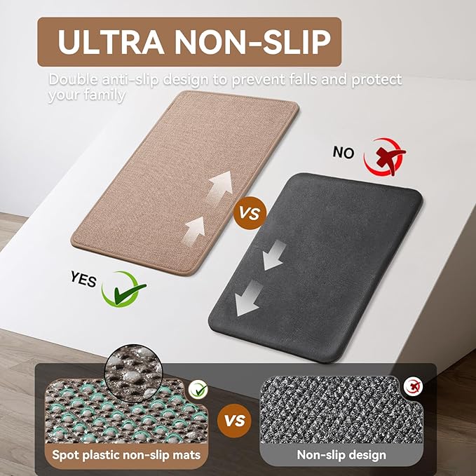 Long Kitchen Runner Rugs Non Slip Washable, Linen-Like 0.3" Thick Cushioned Absorbent Kitchen Mats for Floor, Mild Anti-Fatigue Sink Floor Mat Laundry Standing Mat, Easy Clean, Brown 17"x71"