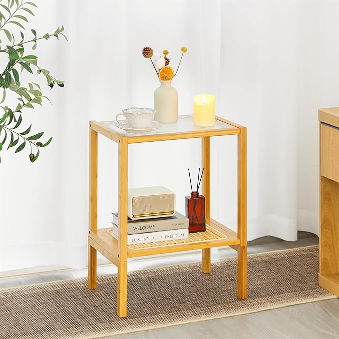 2-Tier Bamboo Side Table, Modern Glasstop Rattan Side Table, Mid Century Wood Sofa-Side End Tables for Living Room, Bedroom Night Stand with Storage, Small Narrow Coffee Tables, Burlywood
