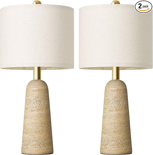 BOBOMOMO 21" Modern Table Lamps Set of 2, Warm Beige Resin Lamp with Stone Look, Small Bedside Lamps for Bedroom, Cozy Nursery Lamps with Linen Shades, Nightstand Lamp for Small Spaces, Entryway