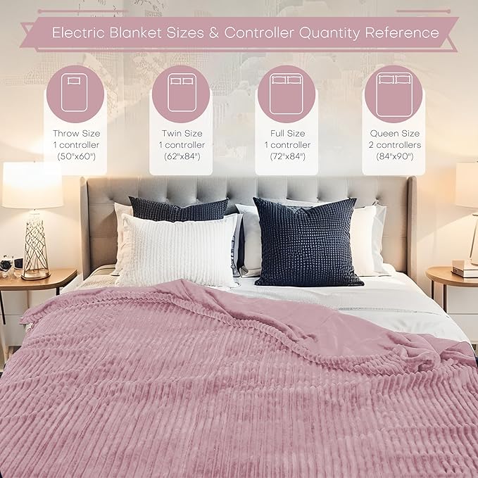 Electric Heated Blanket Queen Size 84"x90" with Cozy Flannel, 6 Heat Settings & 10 Hours Auto Off, Soft & Cozy Warming Throw for Home, Office, or Bed, Machine Washable,Pink