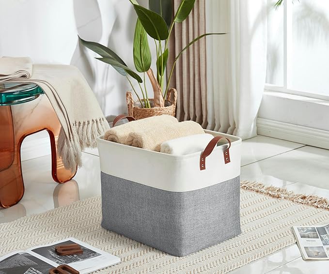 DECOMOMO Large Fabric Storage Baskets - Linen Closet Storage Bins with Handles for Laundry, Clothes, Home, Office (Slate Grey & White, XXL - 3 Pack)